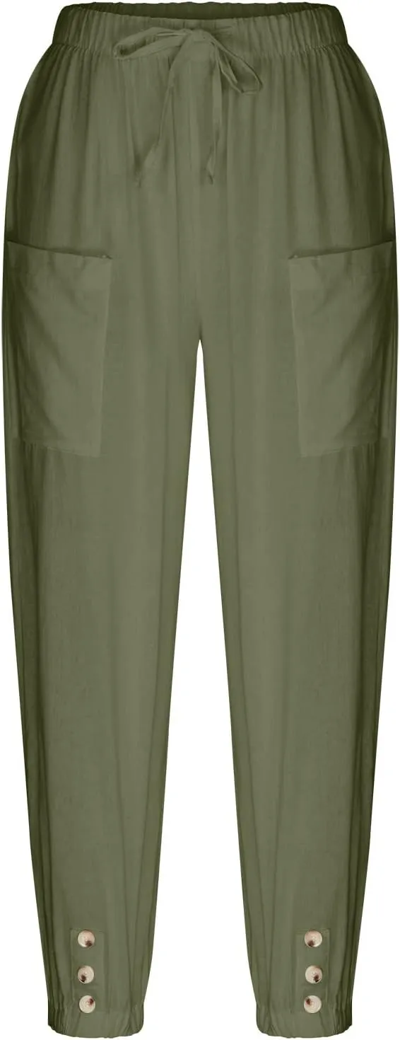 High Waist Cotton Linen Pants for Women Casual Summer Drawstring Lounge Pants Loose Cropped Trousers with Pockets