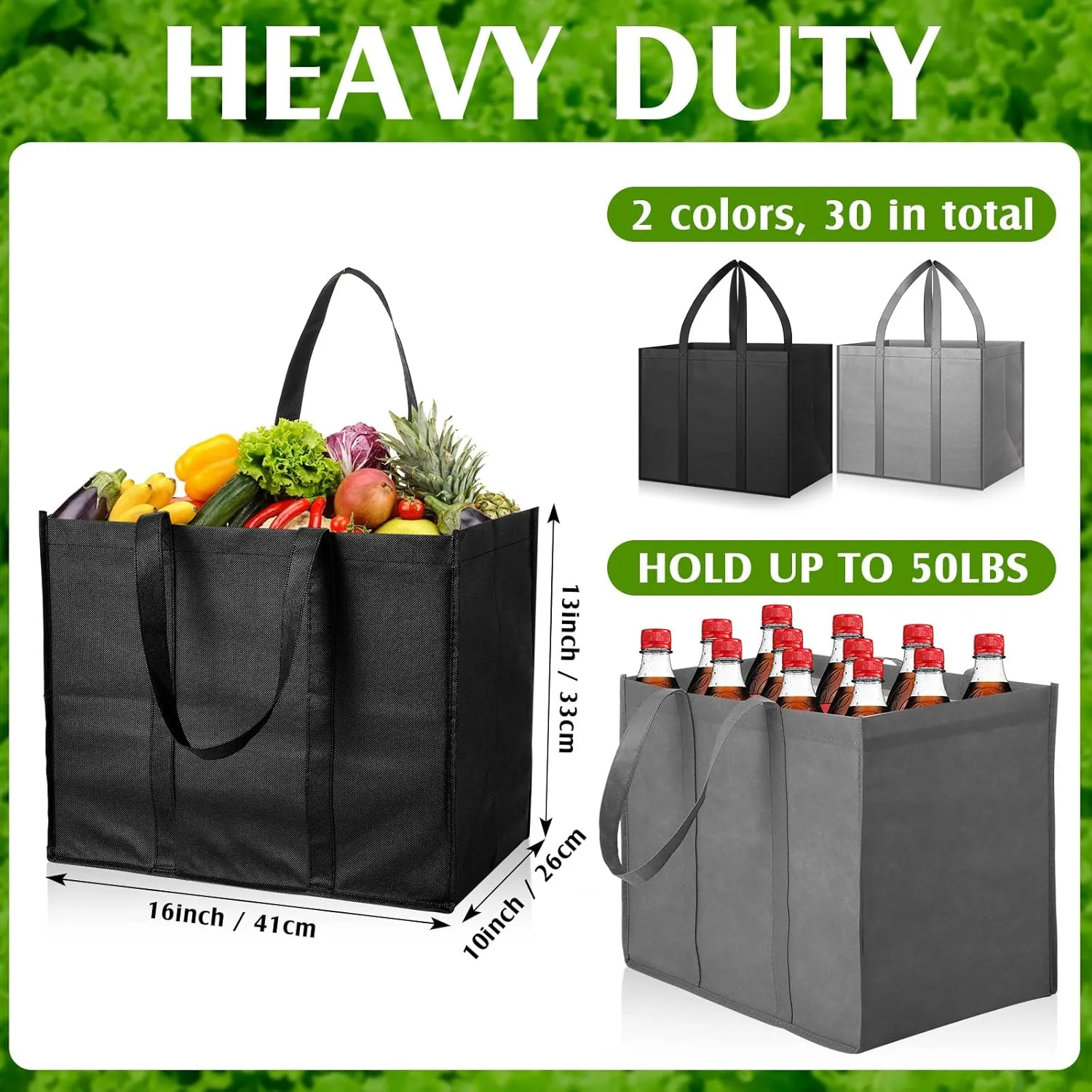 Hillban 30 Pack Reusable Grocery Bags Bulk Large Shopping Bags Washable Foldable Heavy Duty Totes Storage Bags with handles