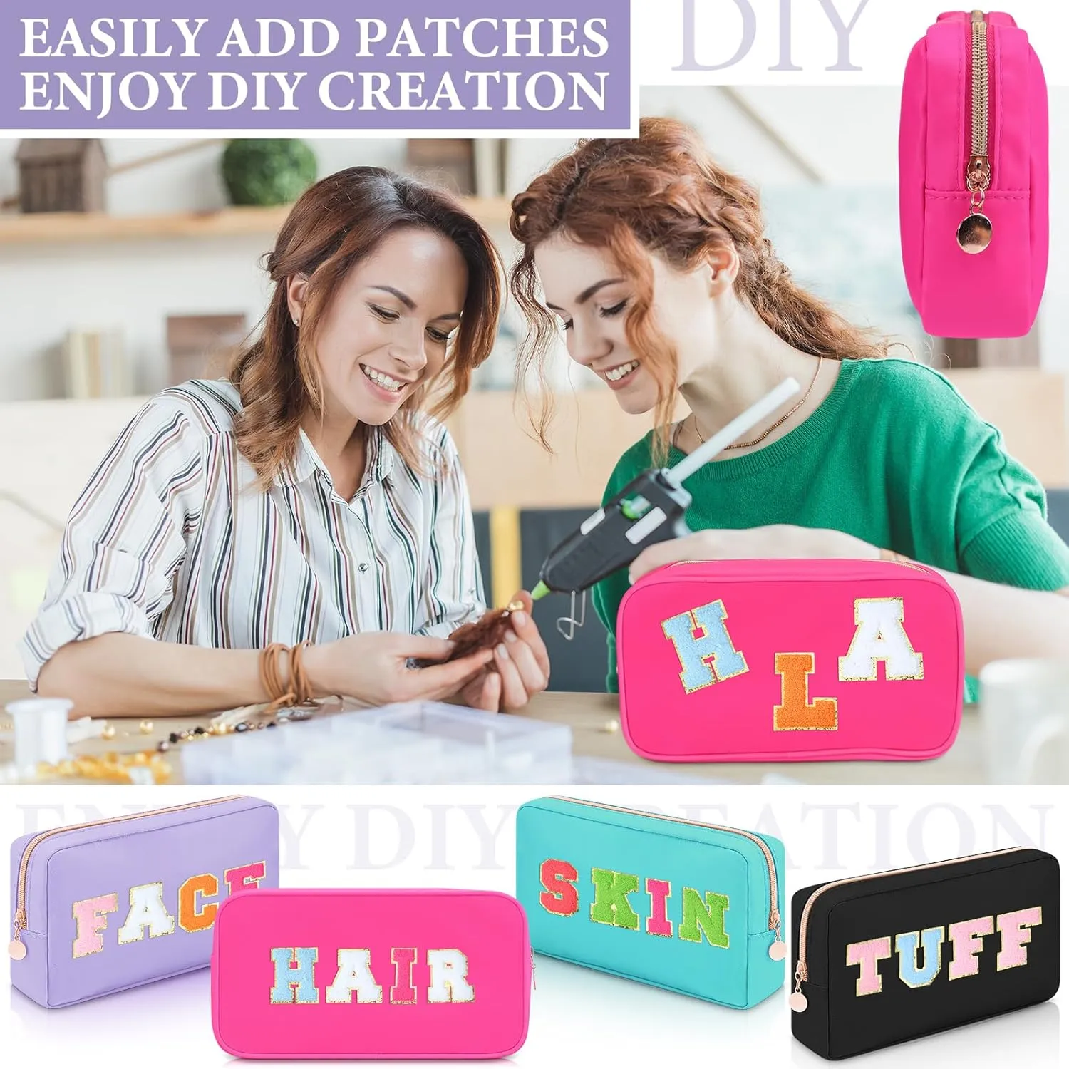 Hushee 4 Pcs Nylon Makeup Bag Preppy Zipper Pouch Waterproof Nylon Toiletry Storage Bag for Women(Small,Black, Fuchsia, Mint, Grape)