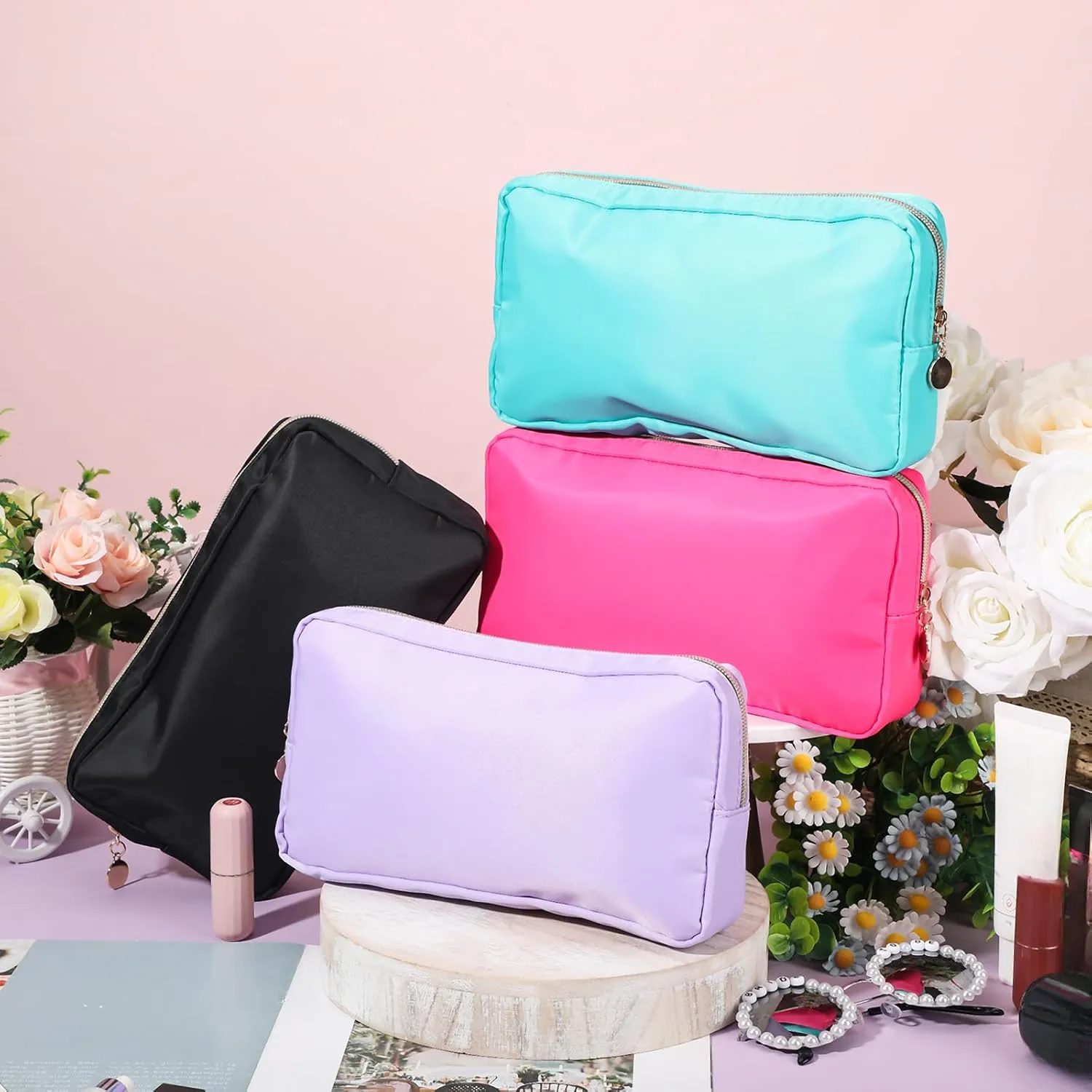 Hushee 4 Pcs Nylon Makeup Bag Preppy Zipper Pouch Waterproof Nylon Toiletry Storage Bag for Women(Small,Black, Fuchsia, Mint, Grape)