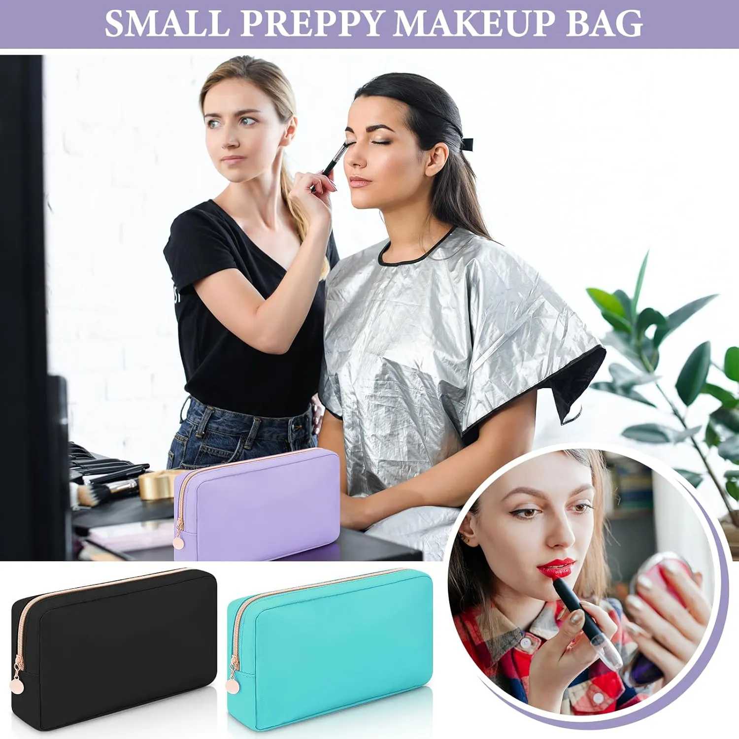 Hushee 4 Pcs Nylon Makeup Bag Preppy Zipper Pouch Waterproof Nylon Toiletry Storage Bag for Women(Small,Black, Fuchsia, Mint, Grape)