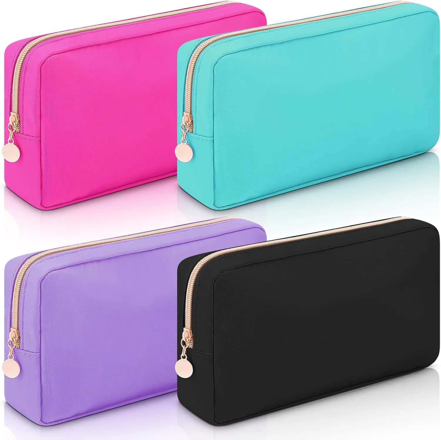 Hushee 4 Pcs Nylon Makeup Bag Preppy Zipper Pouch Waterproof Nylon Toiletry Storage Bag for Women(Small,Black, Fuchsia, Mint, Grape)