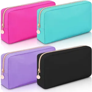 Hushee 4 Pcs Nylon Makeup Bag Preppy Zipper Pouch Waterproof Nylon Toiletry Storage Bag for Women(Small,Black, Fuchsia, Mint, Grape)