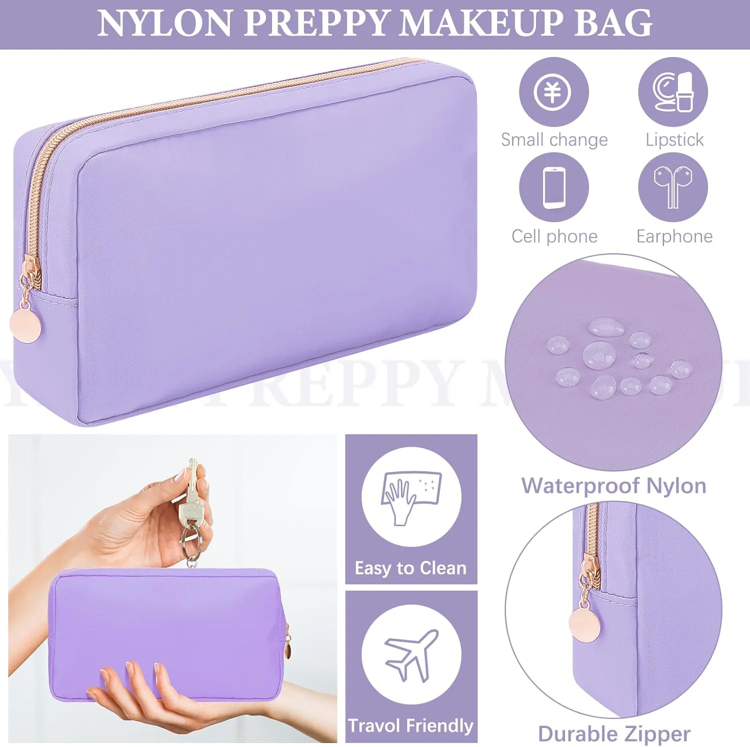 Hushee 4 Pcs Nylon Makeup Bag Preppy Zipper Pouch Waterproof Nylon Toiletry Storage Bag for Women(Small,Black, Fuchsia, Mint, Grape)