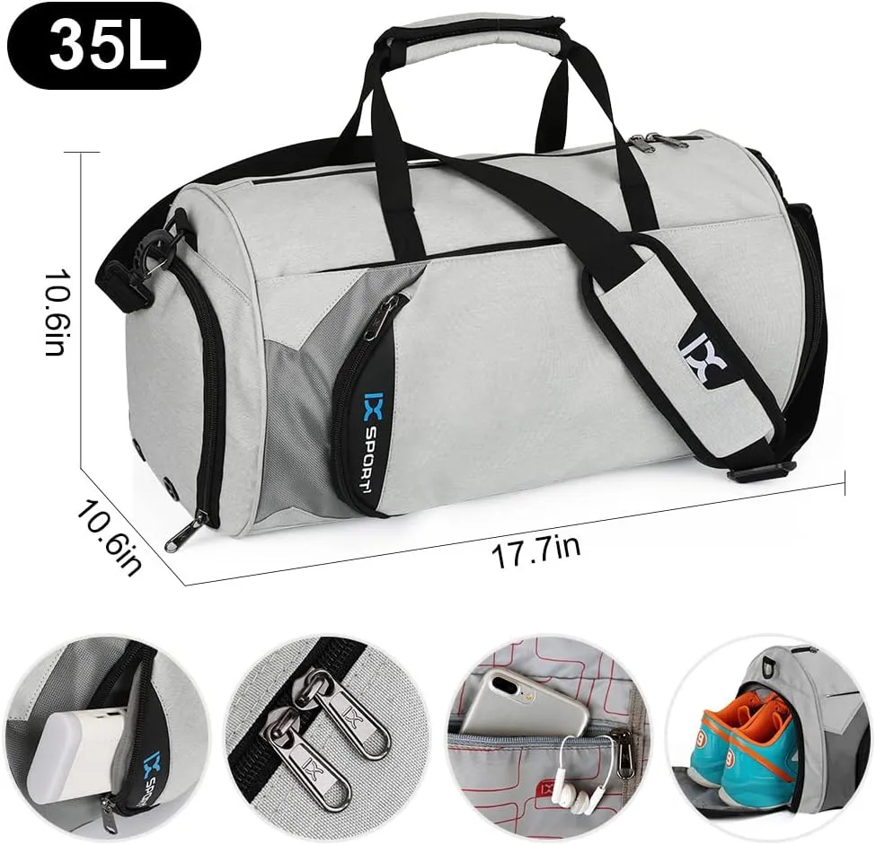 INOXTO Small Sports Gym BagTravel Duffel Bag with Dry Wet Pocket and Shoes Compartment for Women and Men35L Waterproof Weekender Fitness bag For Swim Sports Travel Working Out (light grey 2)