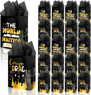 Jaywayang 20Pcs Small Graduation Gift Bags with Tissue Papers and Tags, Congrats Grad Goodie Bags with Handles for Congrats Grad Party Supplies(Black Gold)