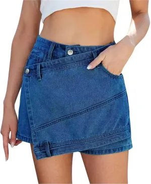 Jean Denim Skort for Womens Sexy High Waisted Asymmetrical Short Mini Skirts Vintage Mini Stretchy Cargo Shorts