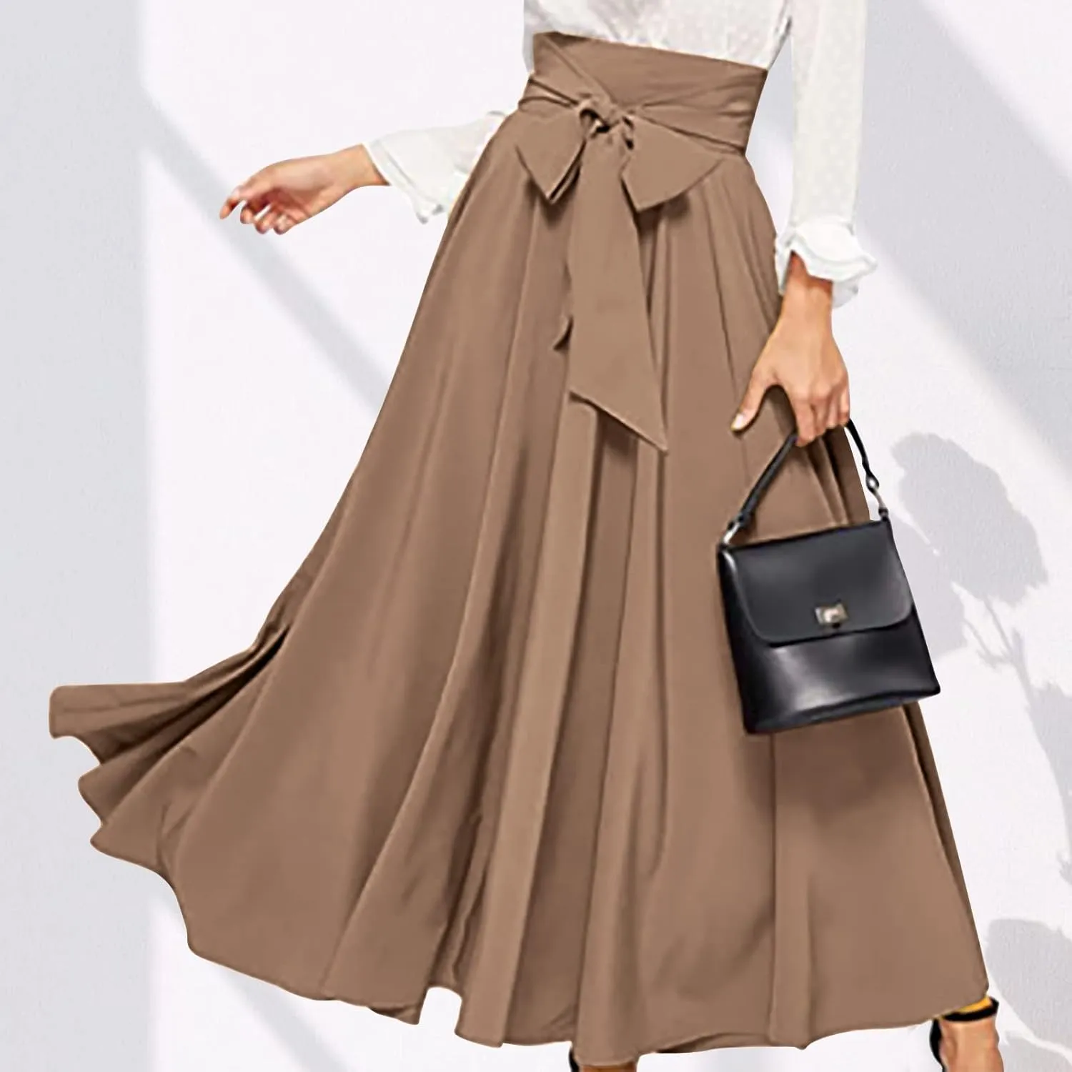 JOAU Women Casual Maxi Skirts Self Bowknot Front Elastic High Waisted Flowy Swing A-Line Lightweight Pleated Long Skirt