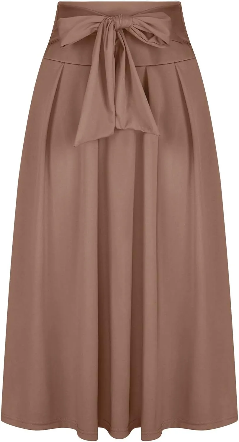 JOAU Women Casual Maxi Skirts Self Bowknot Front Elastic High Waisted Flowy Swing A-Line Lightweight Pleated Long Skirt