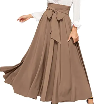 JOAU Women Casual Maxi Skirts Self Bowknot Front Elastic High Waisted Flowy Swing A-Line Lightweight Pleated Long Skirt