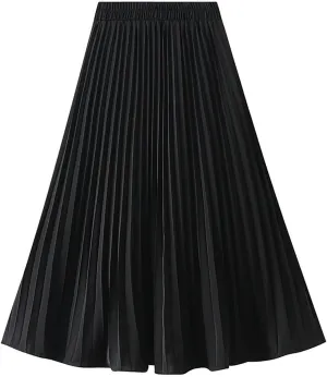 JOAU Women High Elastic Waist Pleated Midi Skirt Fashion Double Layered Solid Color Swing A-line Skirts for Evening Prom