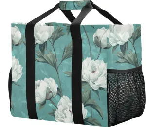 JUNZAN Teal Peonies Utility Tote Bags For Women Foldable Beach Bag With Pockets Groceries Reusable Bags Canvas Carrier Bags