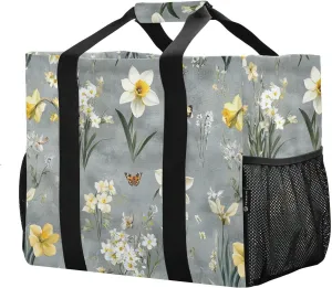 JUNZAN Vintage Daffodils Gray Utility Tote Bags Foldable Beach Bags Waterproof Reusable Bags For Groceries Canvas Laundry Carrying Bag