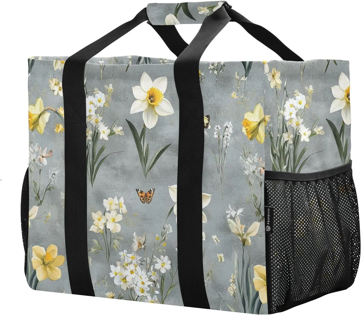 JUNZAN Vintage Daffodils Gray Utility Tote Bags Foldable Beach Bags Waterproof Reusable Bags For Groceries Canvas Laundry Carrying Bag