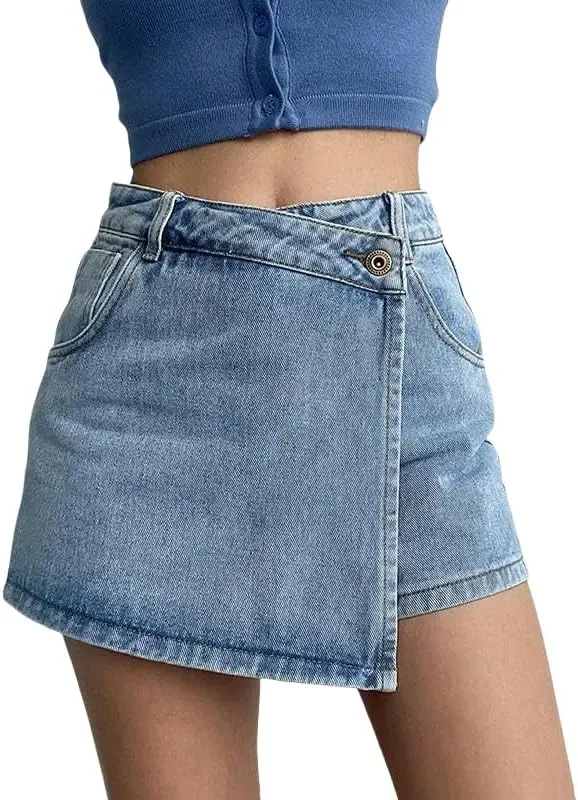 JYHBHMZG Summer High-Waisted Slimming Denim Skirt Women's Versatile Irregular A-Line Shorts