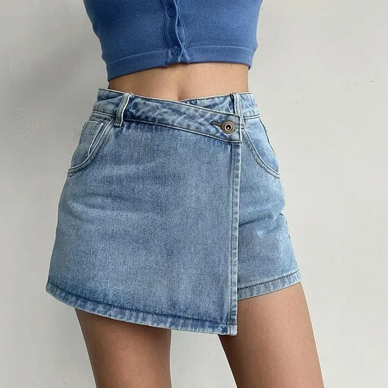 JYHBHMZG Summer High-Waisted Slimming Denim Skirt Women's Versatile Irregular A-Line Shorts