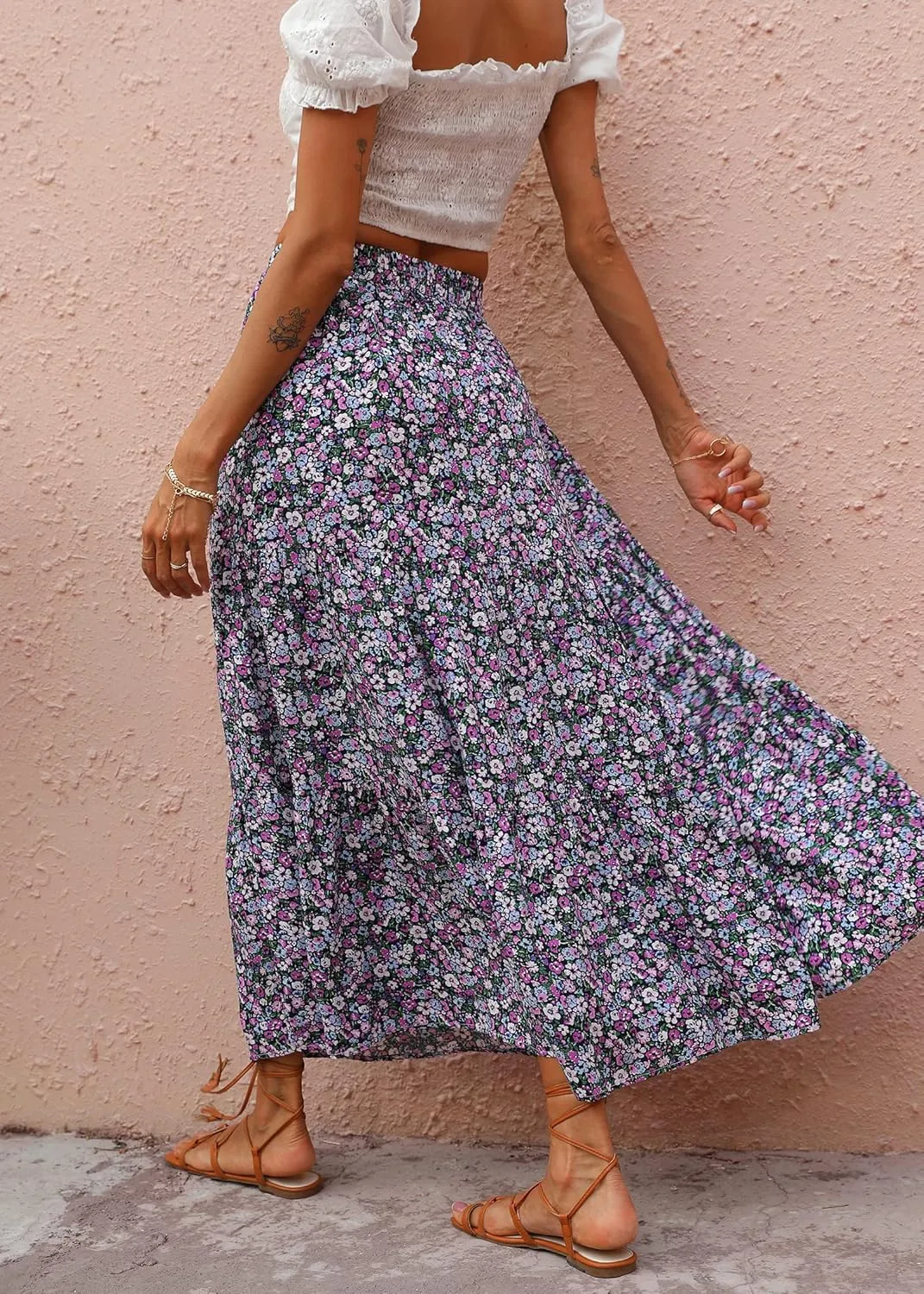 KIRUNDO Women's 2025 Spring Summer High Waist Boho Floral Maxi Skirt Casual Flowy Swing Pleated A Line Beach Long Skirts
