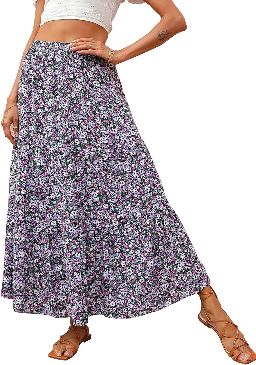 KIRUNDO Women's 2025 Spring Summer High Waist Boho Floral Maxi Skirt Casual Flowy Swing Pleated A Line Beach Long Skirts