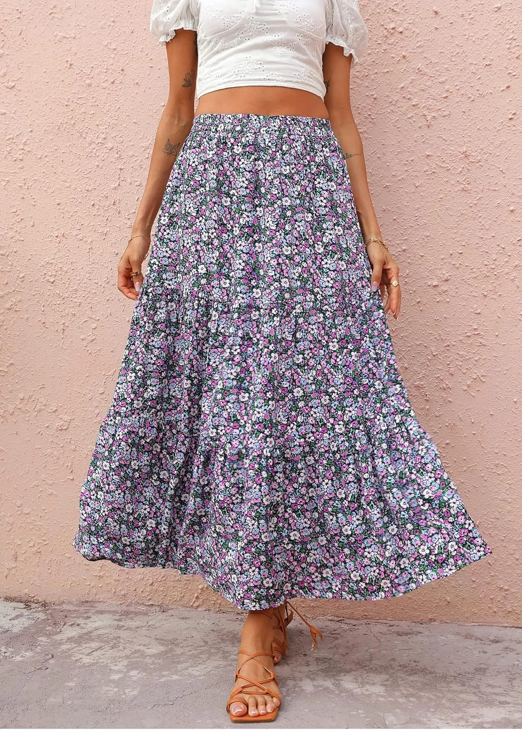 KIRUNDO Women's 2025 Spring Summer High Waist Boho Floral Maxi Skirt Casual Flowy Swing Pleated A Line Beach Long Skirts