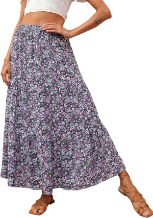 KIRUNDO Women's 2025 Spring Summer High Waist Boho Floral Maxi Skirt Casual Flowy Swing Pleated A Line Beach Long Skirts