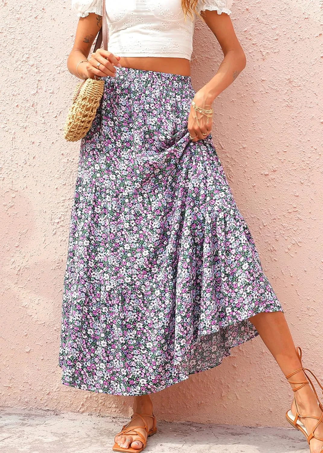 KIRUNDO Women's 2025 Spring Summer High Waist Boho Floral Maxi Skirt Casual Flowy Swing Pleated A Line Beach Long Skirts