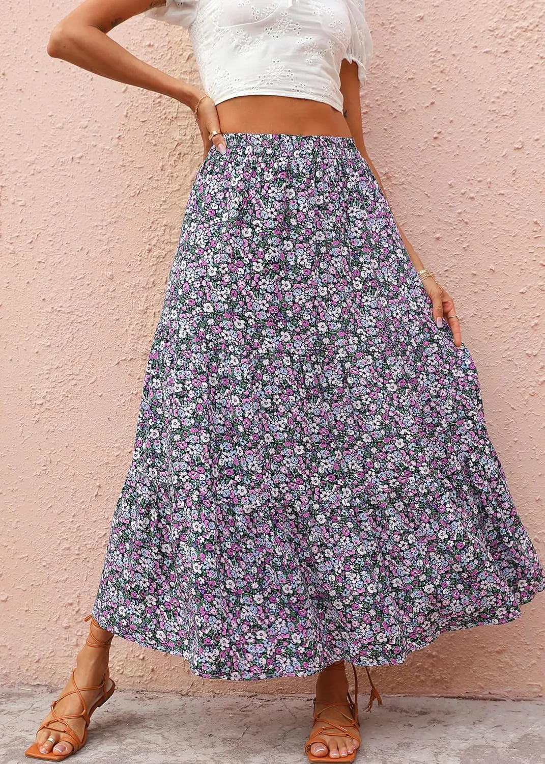 KIRUNDO Women's 2025 Spring Summer High Waist Boho Floral Maxi Skirt Casual Flowy Swing Pleated A Line Beach Long Skirts