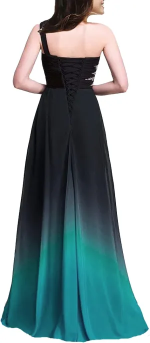 Kivary Sheer Beaded Halter Gradient Ombre Chiffon Long Prom Evening Dresses