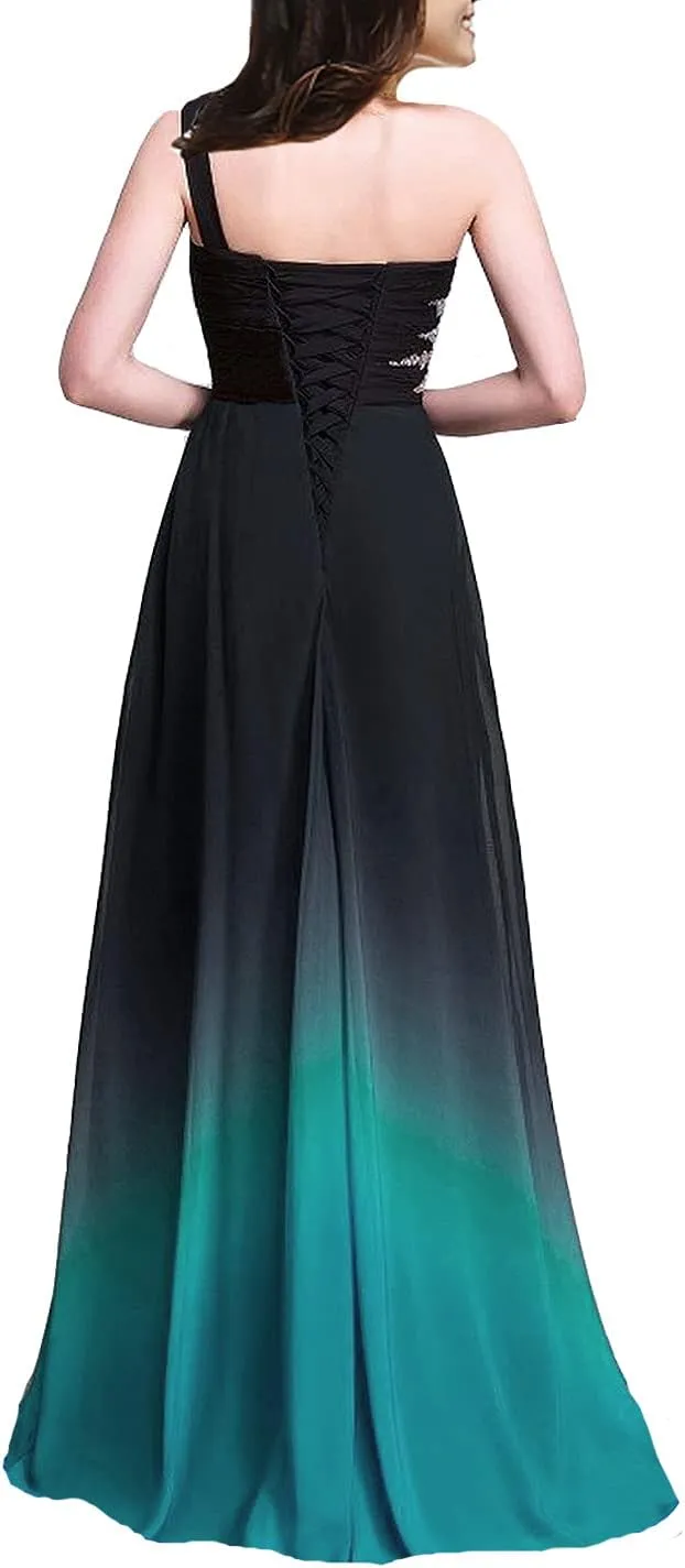 Kivary Sheer Beaded Halter Gradient Ombre Chiffon Long Prom Evening Dresses