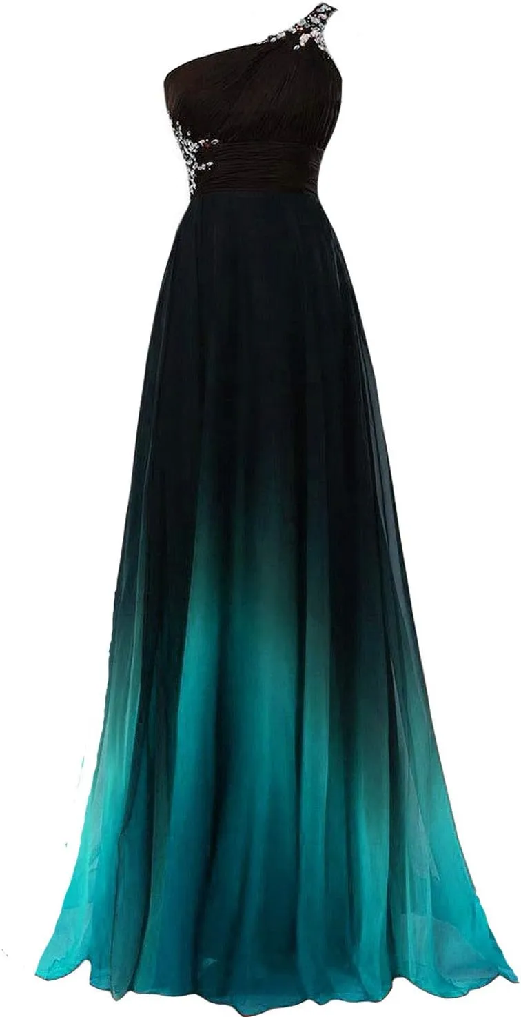 Kivary Sheer Beaded Halter Gradient Ombre Chiffon Long Prom Evening Dresses