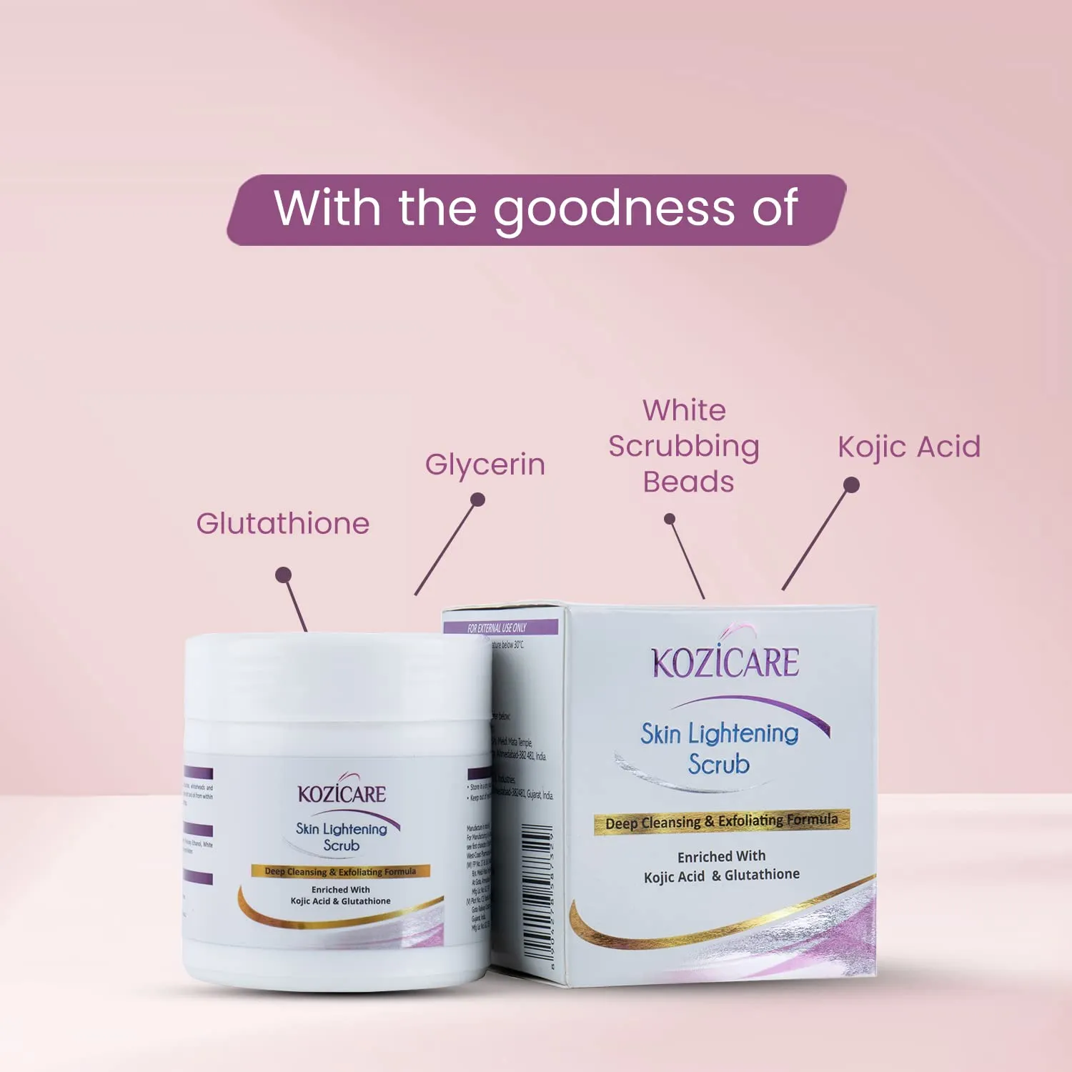 Kozicare Skin Lightening Scrub for Deep Cleansing & Exfoliating Formula | Enriched with 2% Kojic acid, 1% Glutathione| Helps in Cleaning Impurities, Cleanses Dirt, Blackheads - 100gm (Pack of 5)