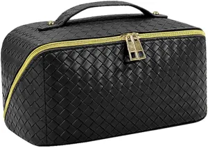 Large Capacity Travel Cosmetic Bag - Makeup Bag, Waterproof Women Portable Cosmetic Bag PU Leather Travel Makeup Bag Flat Lay Makeup Organizer Bag With Handle and Divider (Black)