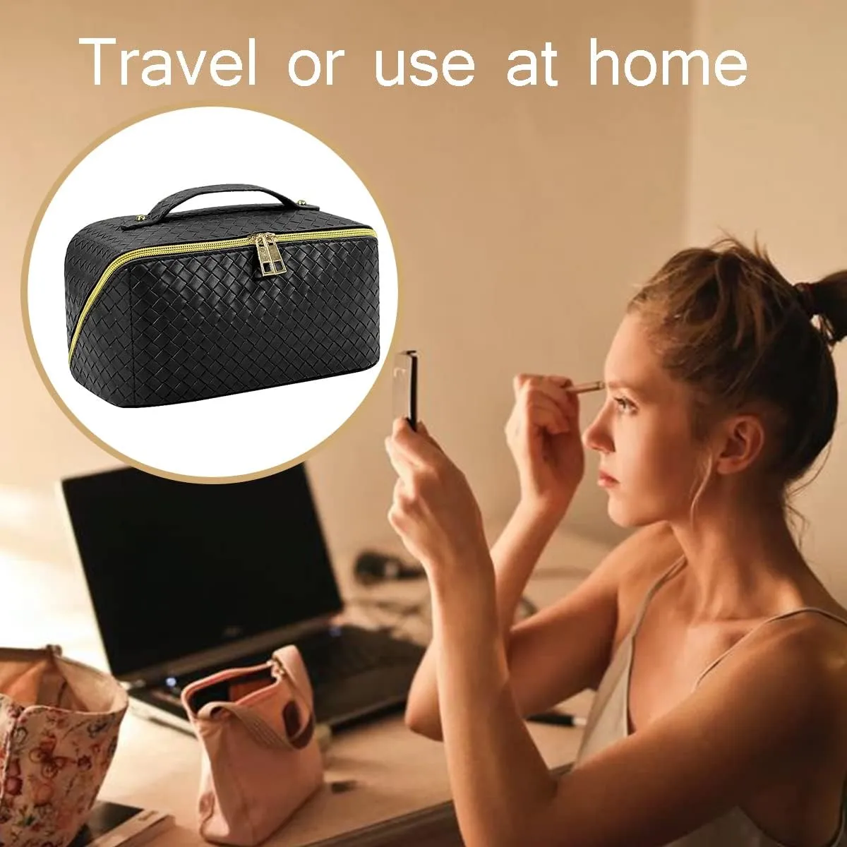 Large Capacity Travel Cosmetic Bag - Makeup Bag, Waterproof Women Portable Cosmetic Bag PU Leather Travel Makeup Bag Flat Lay Makeup Organizer Bag With Handle and Divider (Black)