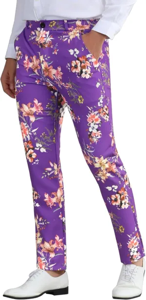 Lars Amadeus Floral Dress Pants for Men's Flat Front Party Prom Flower Printed Slacks