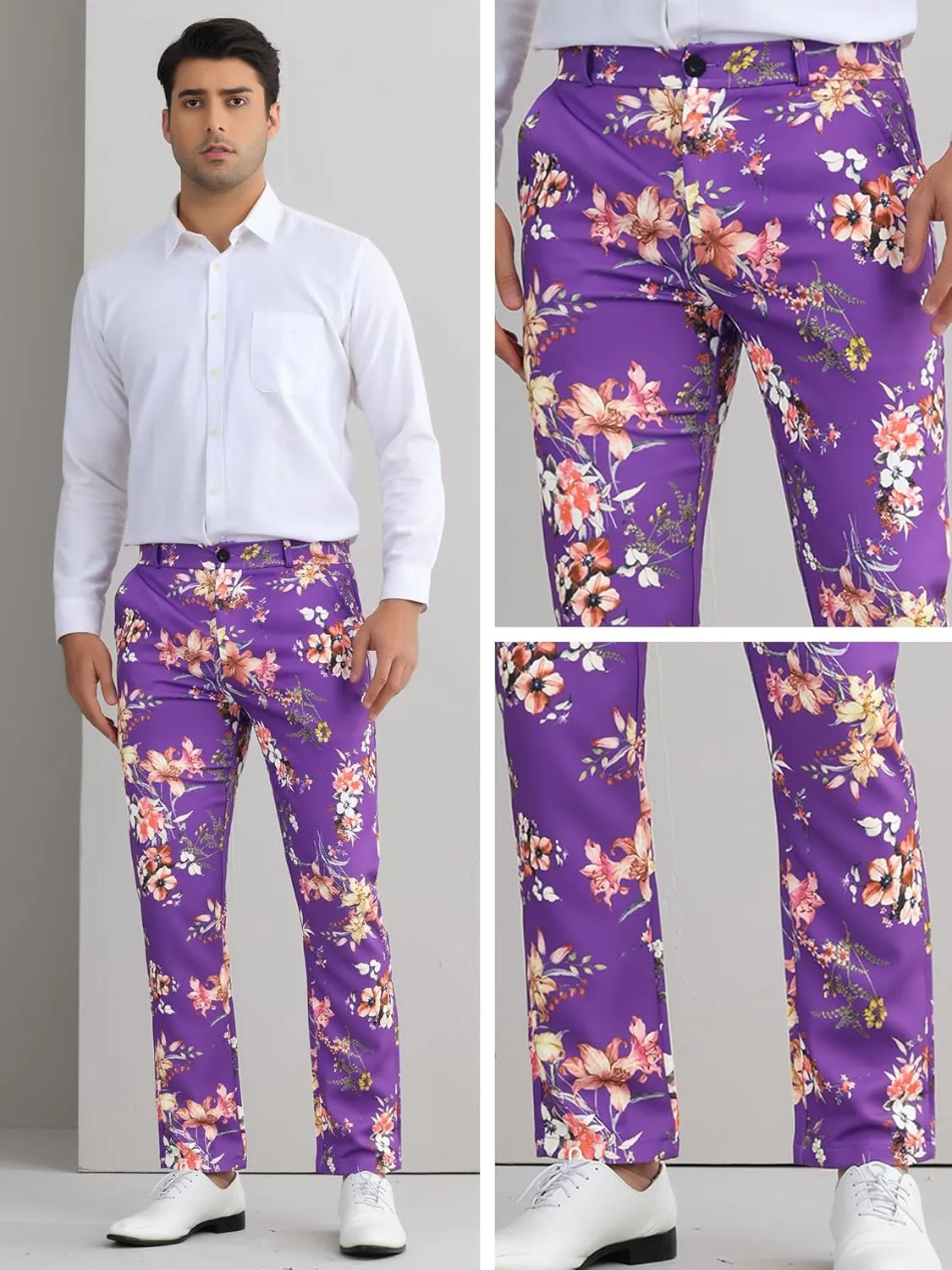 Lars Amadeus Floral Dress Pants for Men's Flat Front Party Prom Flower Printed Slacks