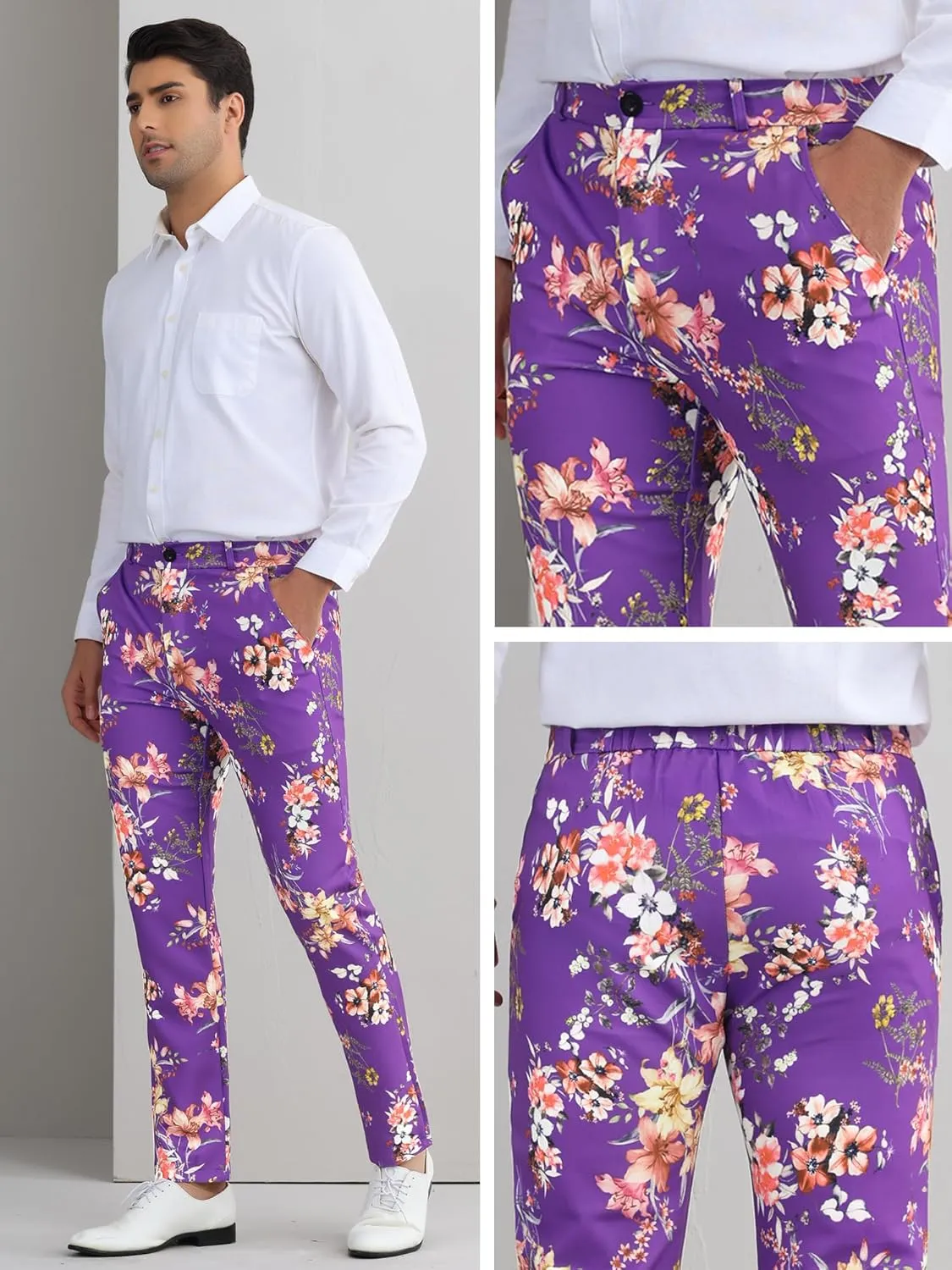 Lars Amadeus Floral Dress Pants for Men's Flat Front Party Prom Flower Printed Slacks