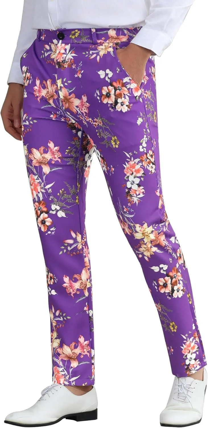 Lars Amadeus Floral Dress Pants for Men's Flat Front Party Prom Flower Printed Slacks