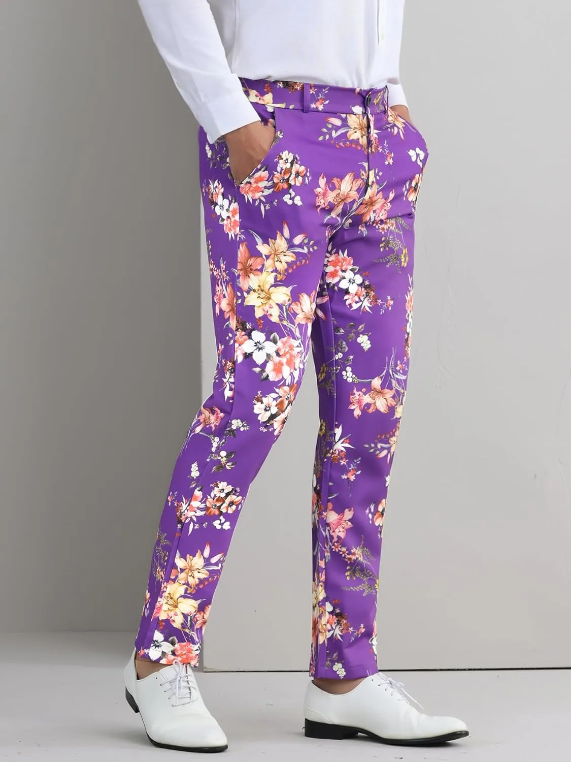 Lars Amadeus Floral Dress Pants for Men's Flat Front Party Prom Flower Printed Slacks