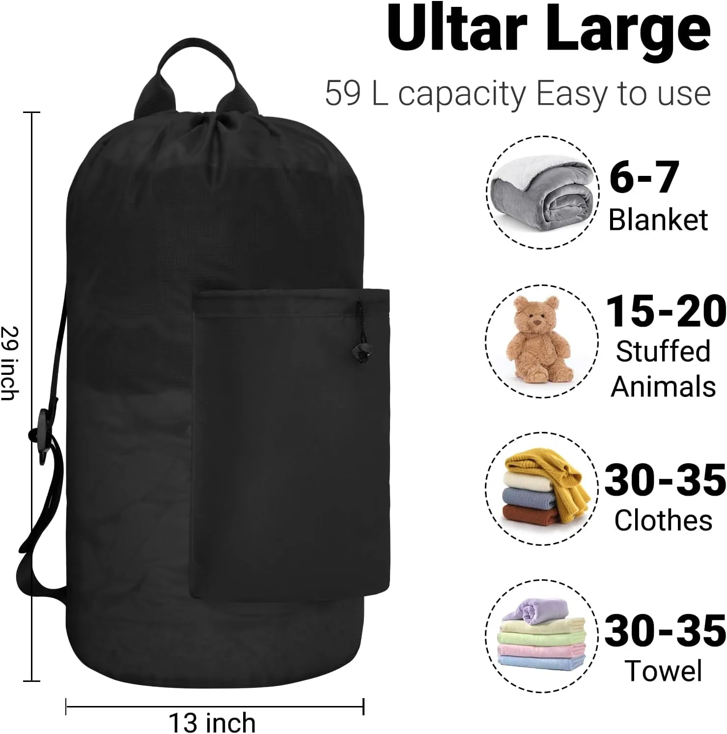 Laundry Bag with Shoulder Straps and Detergent Holder, Durable Laundry Bag Backpack for College Dorm/Travel/Camp (BLACK TARTAN)