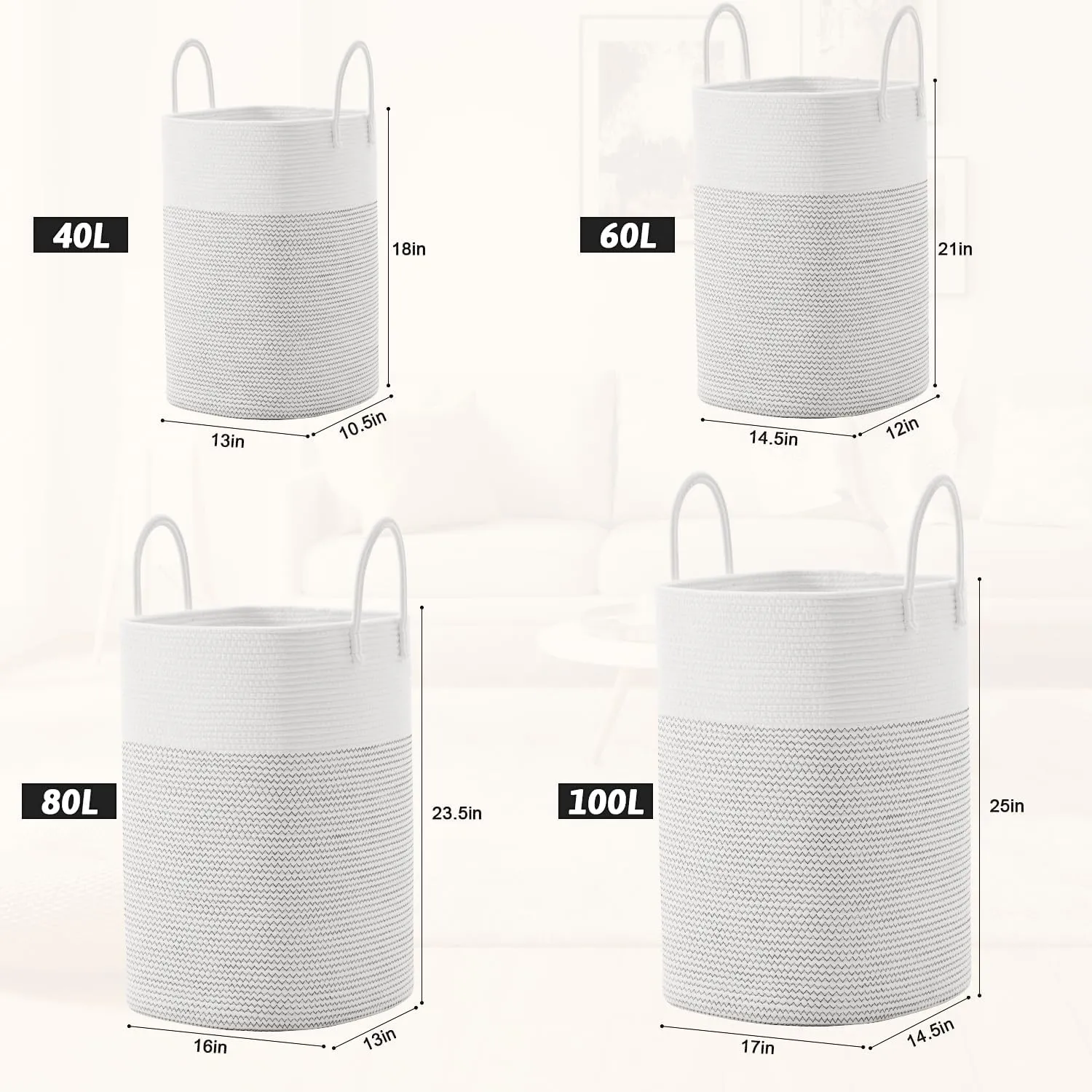 Laundry Basket,Woven Cotton Rope Laundry Hamper Sorters,60L Versatile Storage for Dirty Clothes,Baby Toys,and Blankets in Bathroom, Nursery,and Living Room