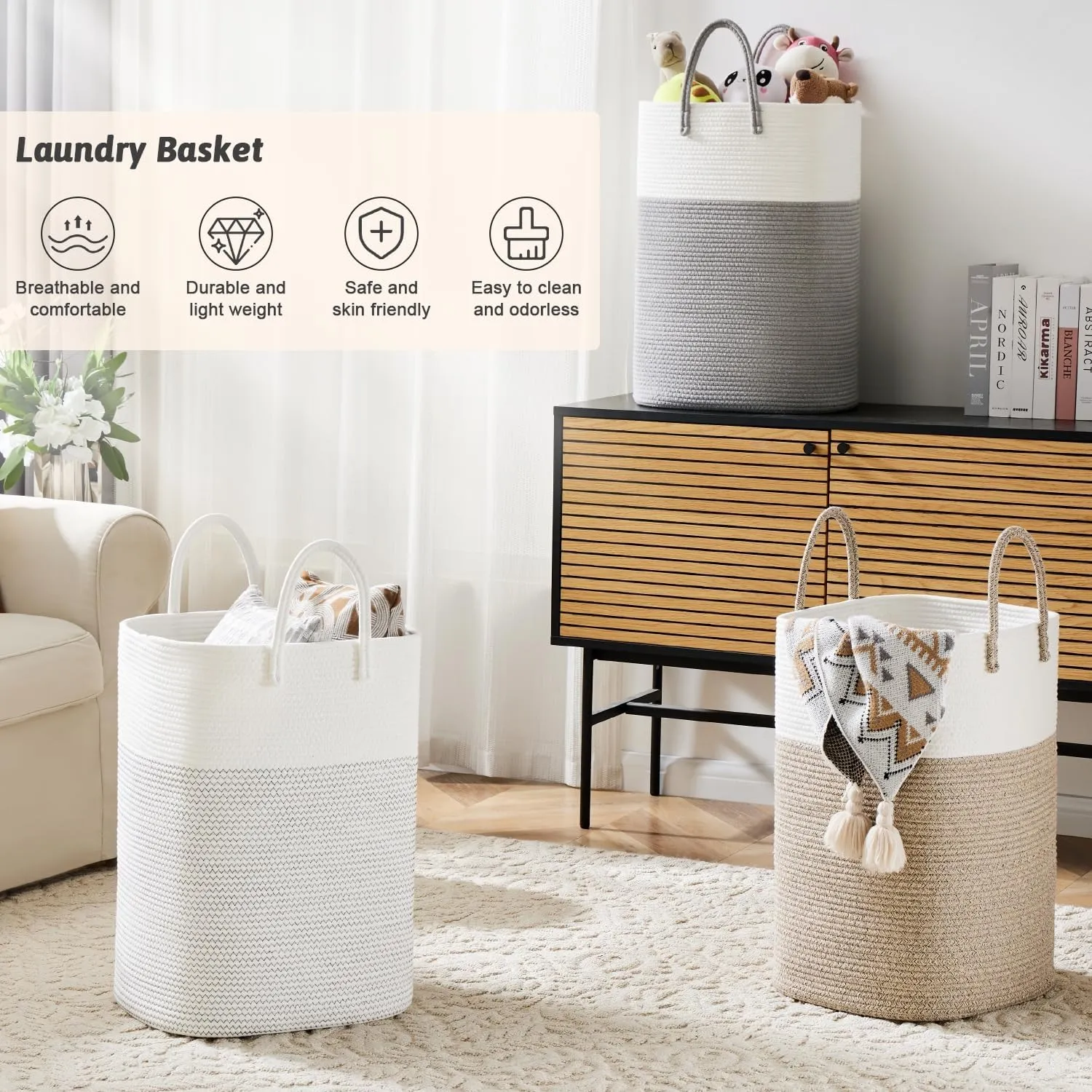 Laundry Basket,Woven Cotton Rope Laundry Hamper Sorters,60L Versatile Storage for Dirty Clothes,Baby Toys,and Blankets in Bathroom, Nursery,and Living Room