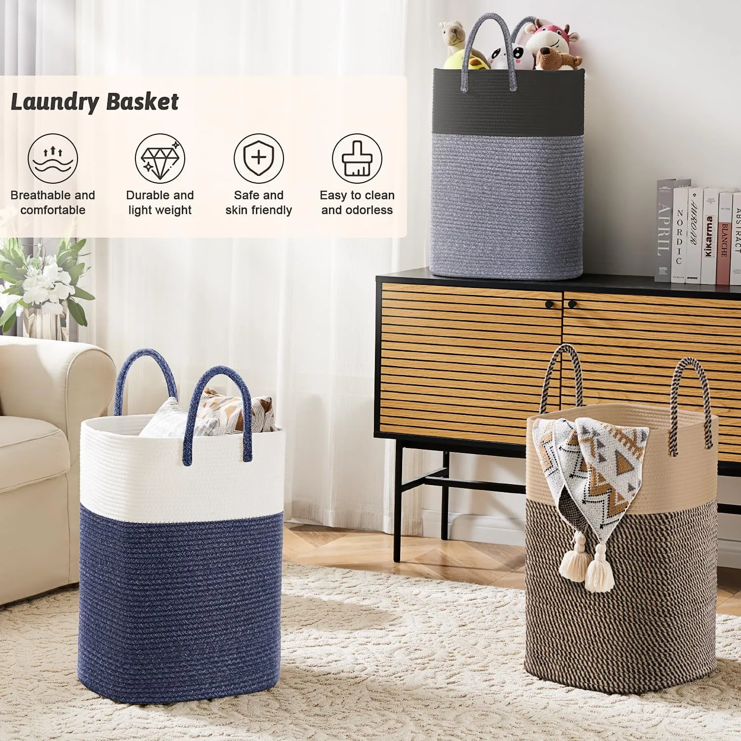 Laundry Basket,Woven Cotton Rope Laundry Hamper Sorters,60L Versatile Storage for Dirty Clothes,Baby Toys,and Blankets in Bathroom, Nursery,and Living Room