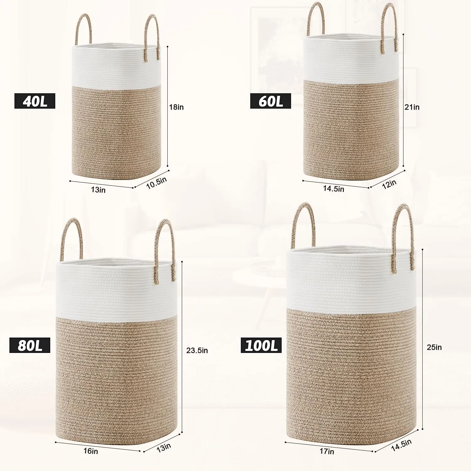 Laundry Basket,Woven Cotton Rope Laundry Hamper Sorters,60L Versatile Storage for Dirty Clothes,Baby Toys,and Blankets in Bathroom, Nursery,and Living Room