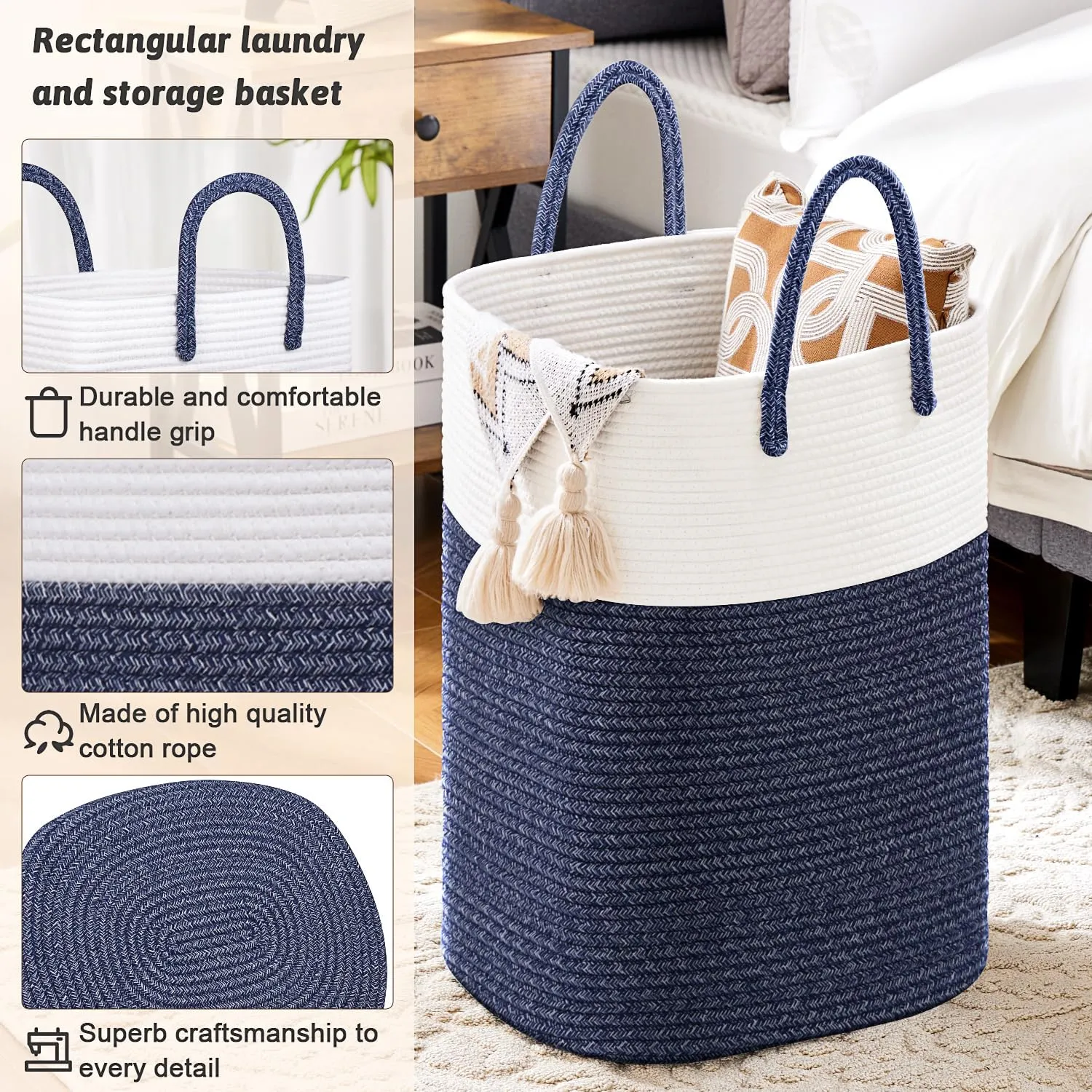 Laundry Basket,Woven Cotton Rope Laundry Hamper Sorters,60L Versatile Storage for Dirty Clothes,Baby Toys,and Blankets in Bathroom, Nursery,and Living Room