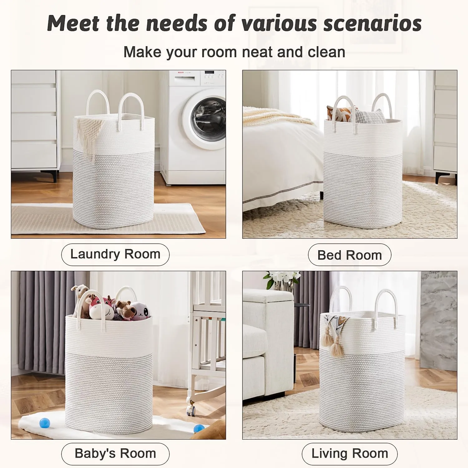 Laundry Basket,Woven Cotton Rope Laundry Hamper Sorters,60L Versatile Storage for Dirty Clothes,Baby Toys,and Blankets in Bathroom, Nursery,and Living Room