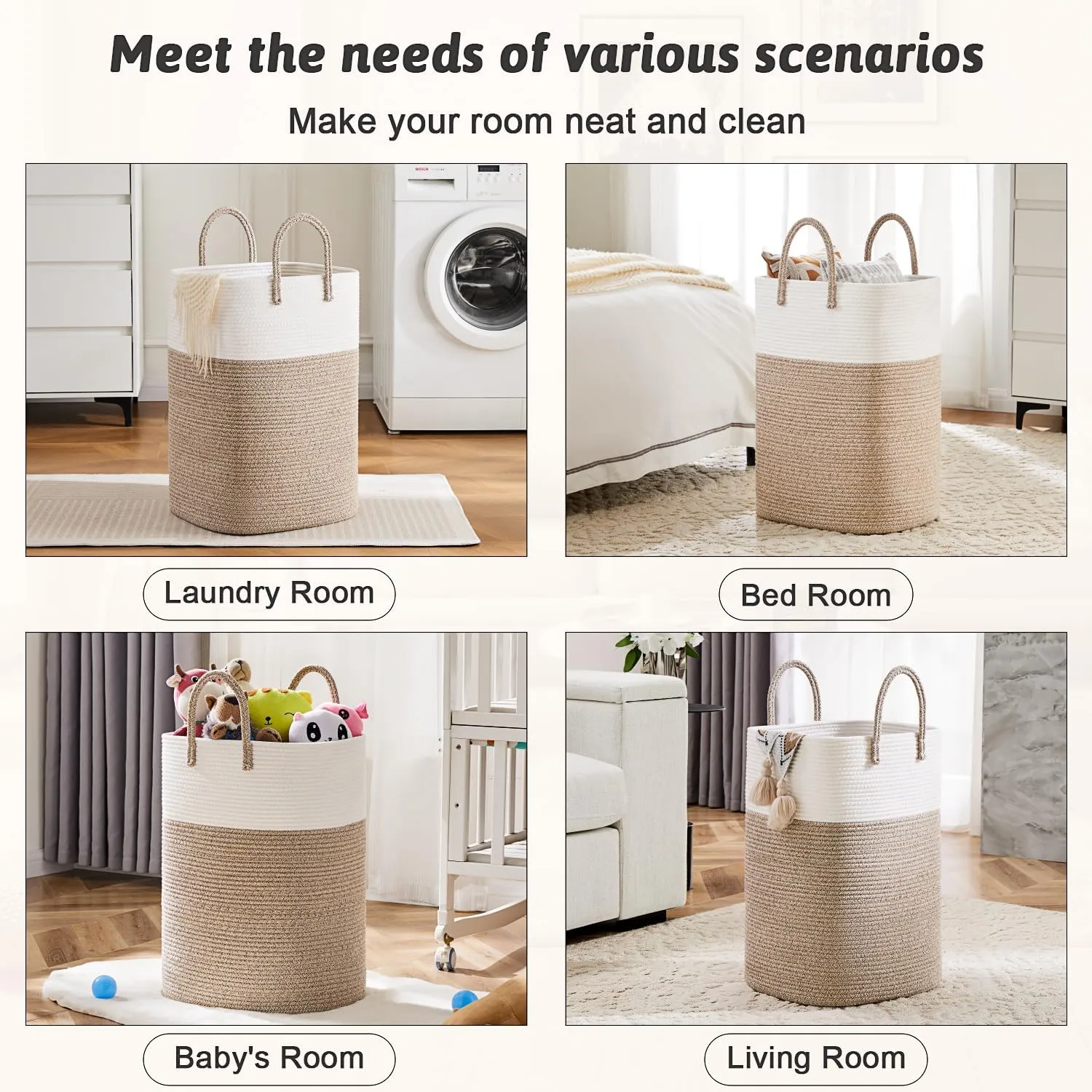 Laundry Basket,Woven Cotton Rope Laundry Hamper Sorters,60L Versatile Storage for Dirty Clothes,Baby Toys,and Blankets in Bathroom, Nursery,and Living Room