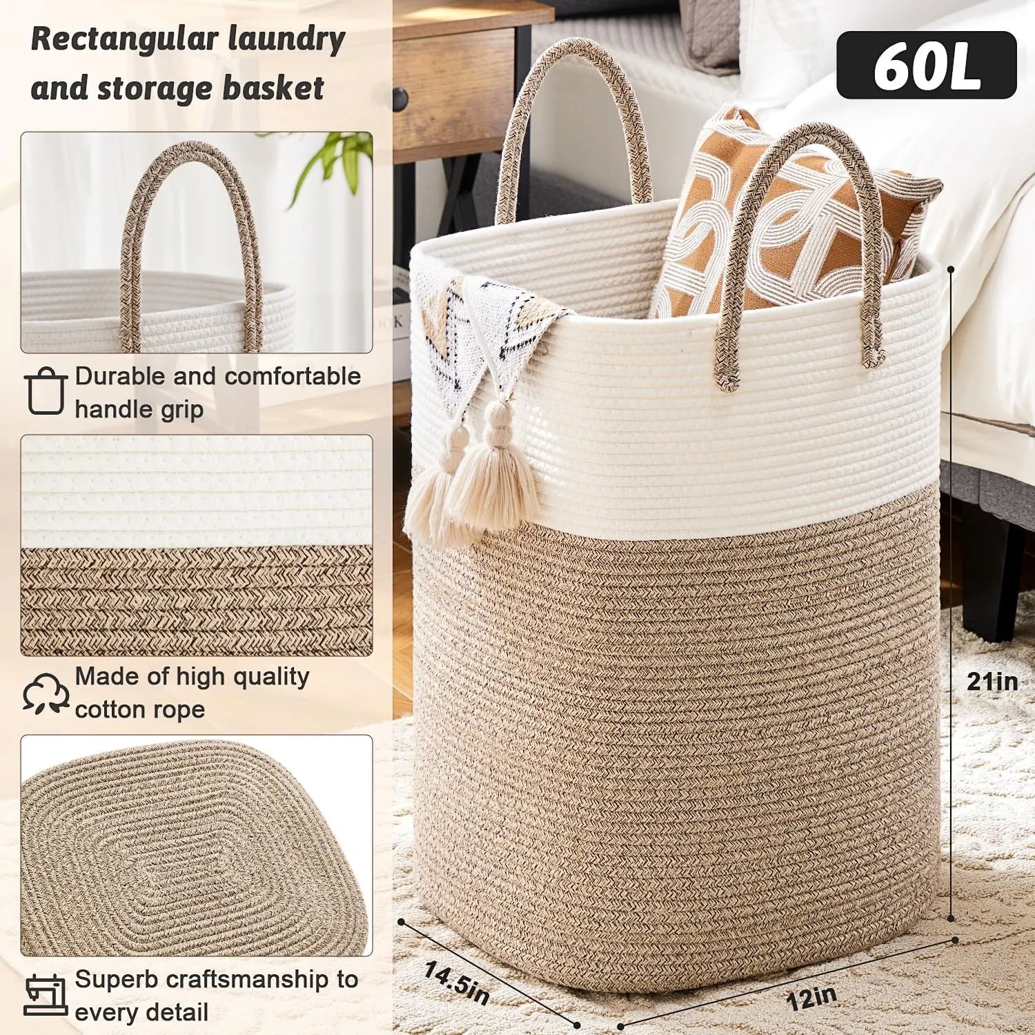 Laundry Basket,Woven Cotton Rope Laundry Hamper Sorters,60L Versatile Storage for Dirty Clothes,Baby Toys,and Blankets in Bathroom, Nursery,and Living Room