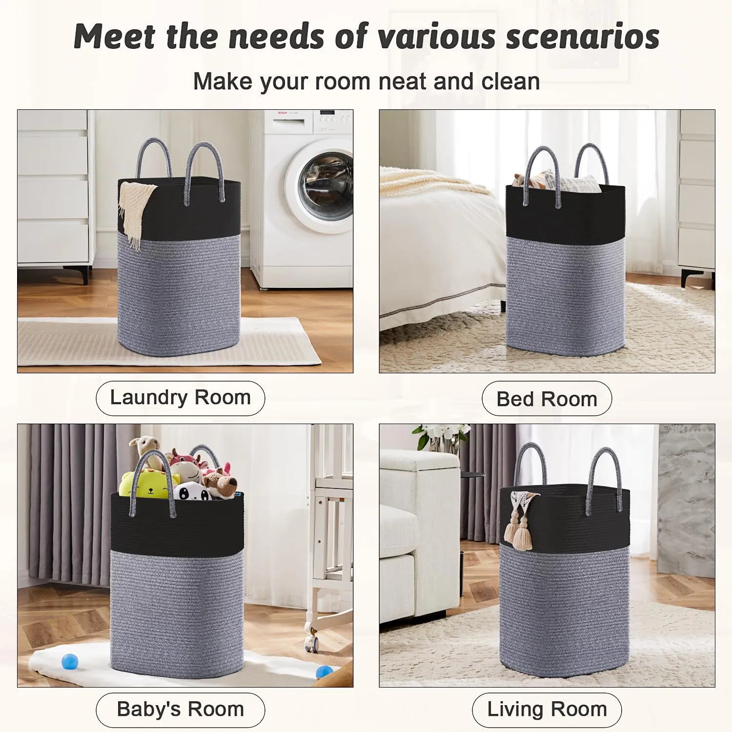 Laundry Basket,Woven Cotton Rope Laundry Hamper Sorters,60L Versatile Storage for Dirty Clothes,Baby Toys,and Blankets in Bathroom, Nursery,and Living Room