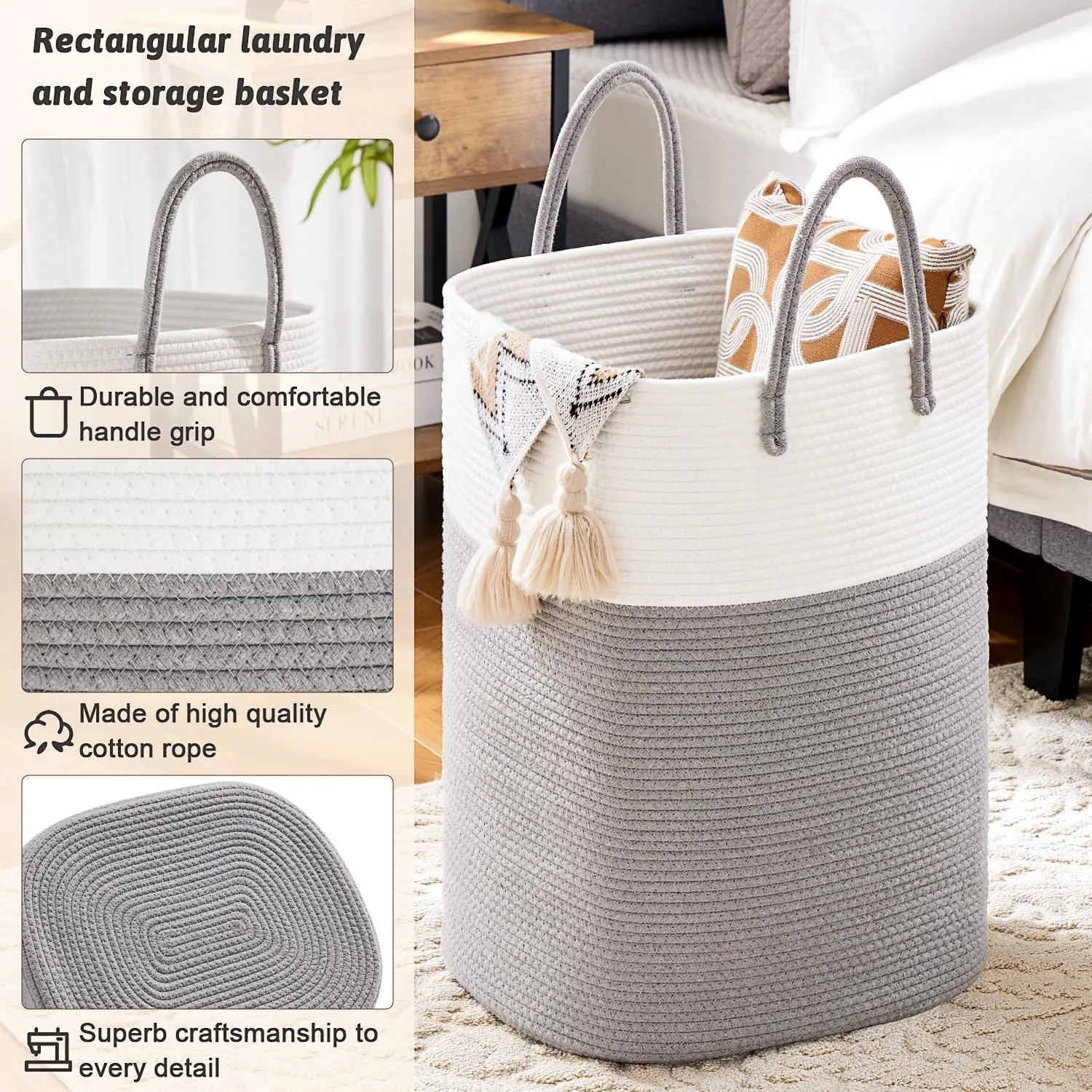 Laundry Basket,Woven Cotton Rope Laundry Hamper Sorters,60L Versatile Storage for Dirty Clothes,Baby Toys,and Blankets in Bathroom, Nursery,and Living Room