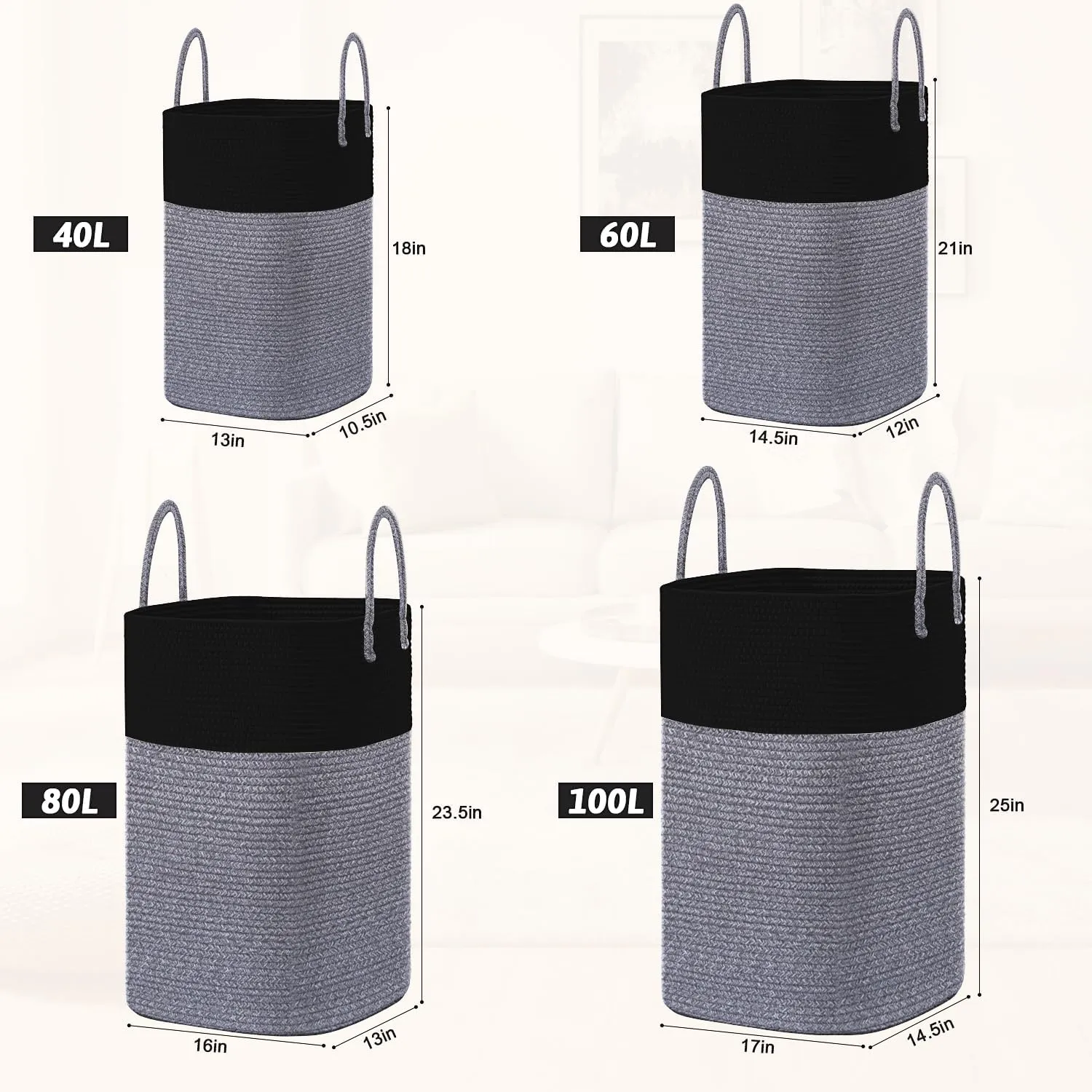 Laundry Basket,Woven Cotton Rope Laundry Hamper Sorters,60L Versatile Storage for Dirty Clothes,Baby Toys,and Blankets in Bathroom, Nursery,and Living Room