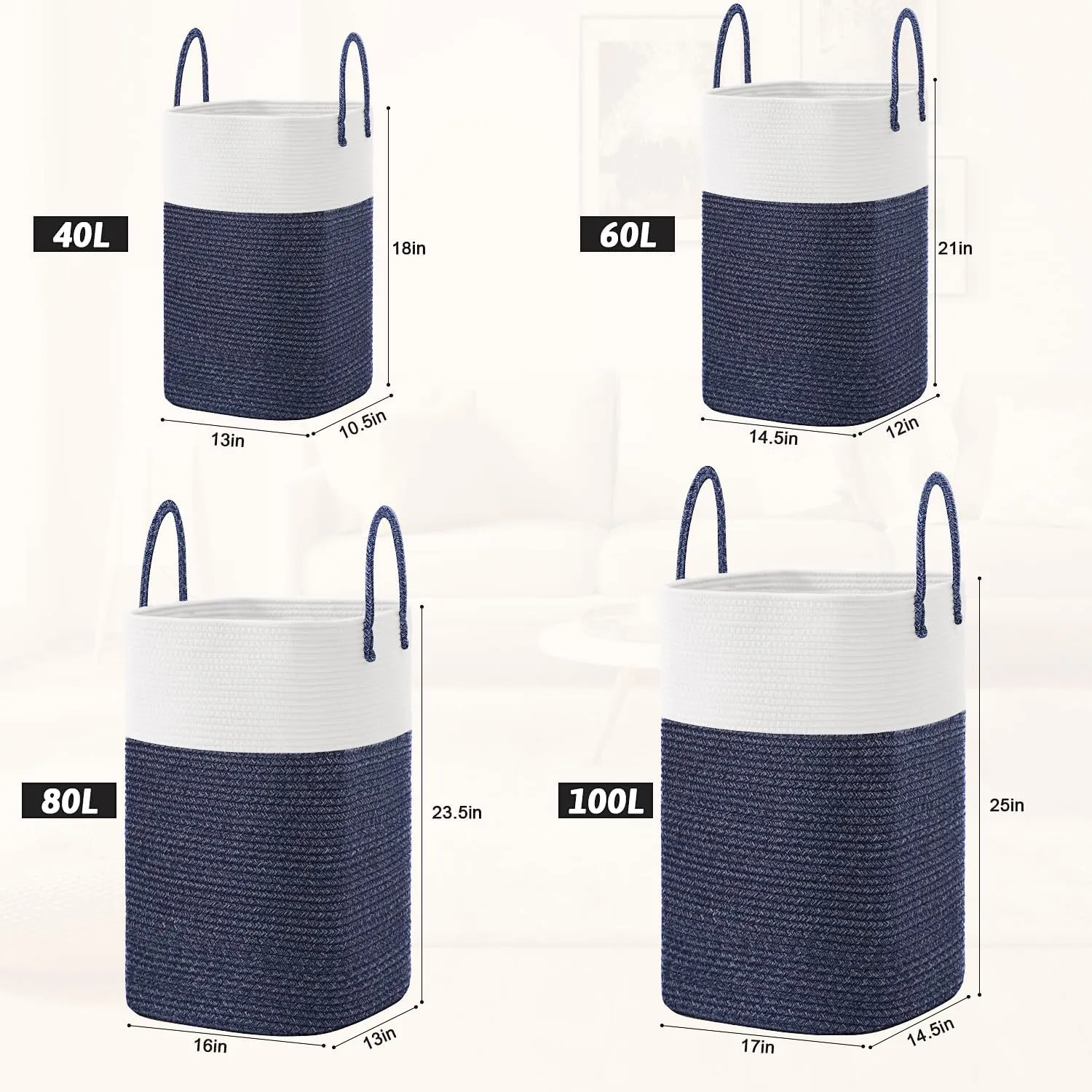 Laundry Basket,Woven Cotton Rope Laundry Hamper Sorters,60L Versatile Storage for Dirty Clothes,Baby Toys,and Blankets in Bathroom, Nursery,and Living Room